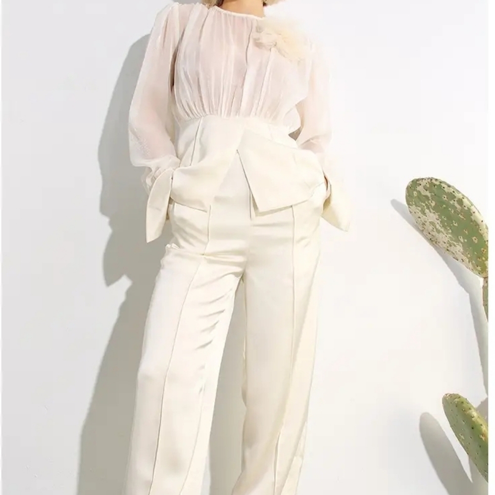 Sheer & Satin Elegant Pants and Blouse Set